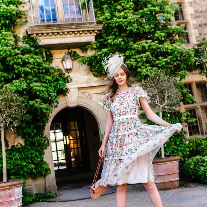 Alyssa Campanella of The A List blog wears Needle & Thread London Lasy Daisy dress for the royal wedding 2018