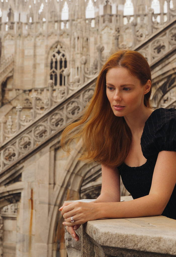 Miss USA 2011 Alyssa Campanella of The A List blog takes in the views from the top of the Duomo di Milano in Milan wearing La Ligne dress