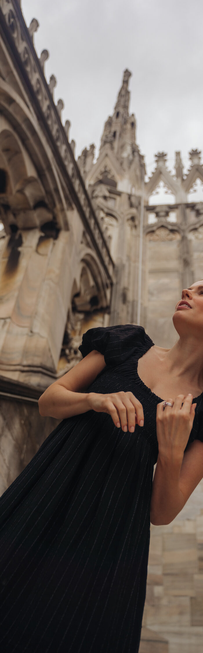 Miss USA 2011 Alyssa Campanella of The A List blog takes in the views from the top of the Duomo di Milano in Milan wearing La Ligne dress