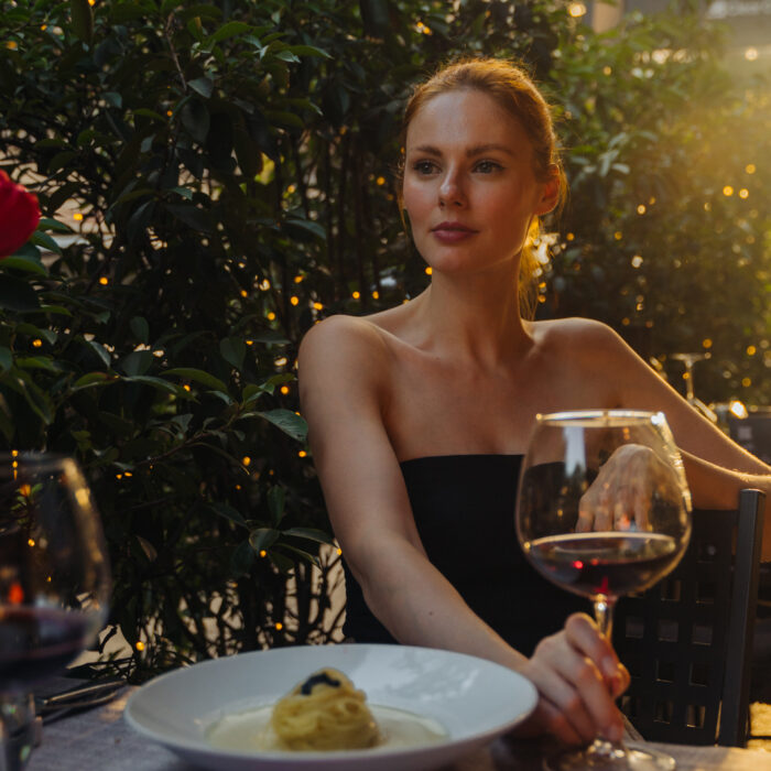 Miss USA 2011 Alyssa Campanella of The A List blog has a romantic dinner in Milan at Cantine wearing Faithfull top, Red Valentino skirt, and Furla bag