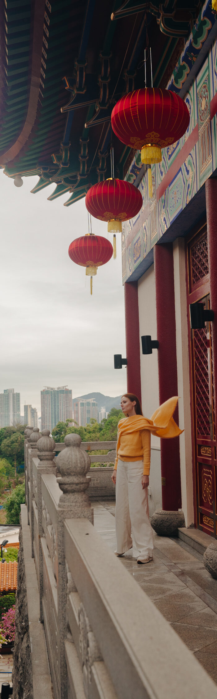 Miss USA 2011 Alyssa Campanella of The A List blog visits Western Monastery in Tseun Wan, Hong Kong wearing Rejina Pyo and The Frankie Shop.