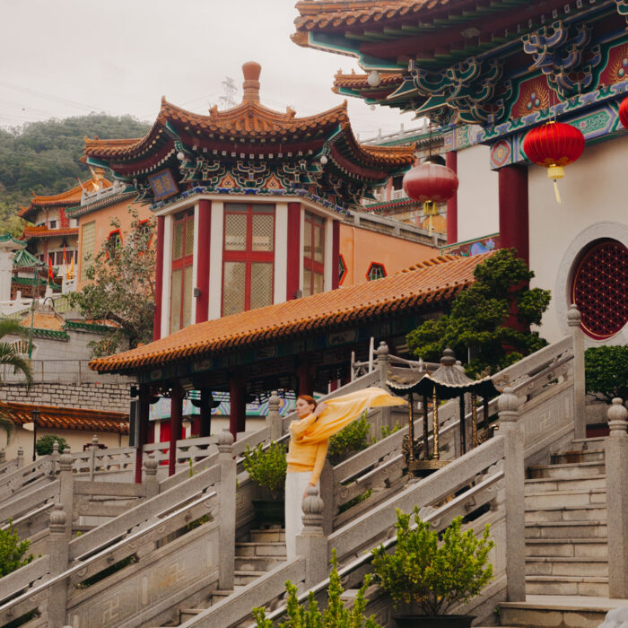 Miss USA 2011 Alyssa Campanella of The A List blog visits Western Monastery in Tseun Wan, Hong Kong wearing Rejina Pyo and The Frankie Shop.