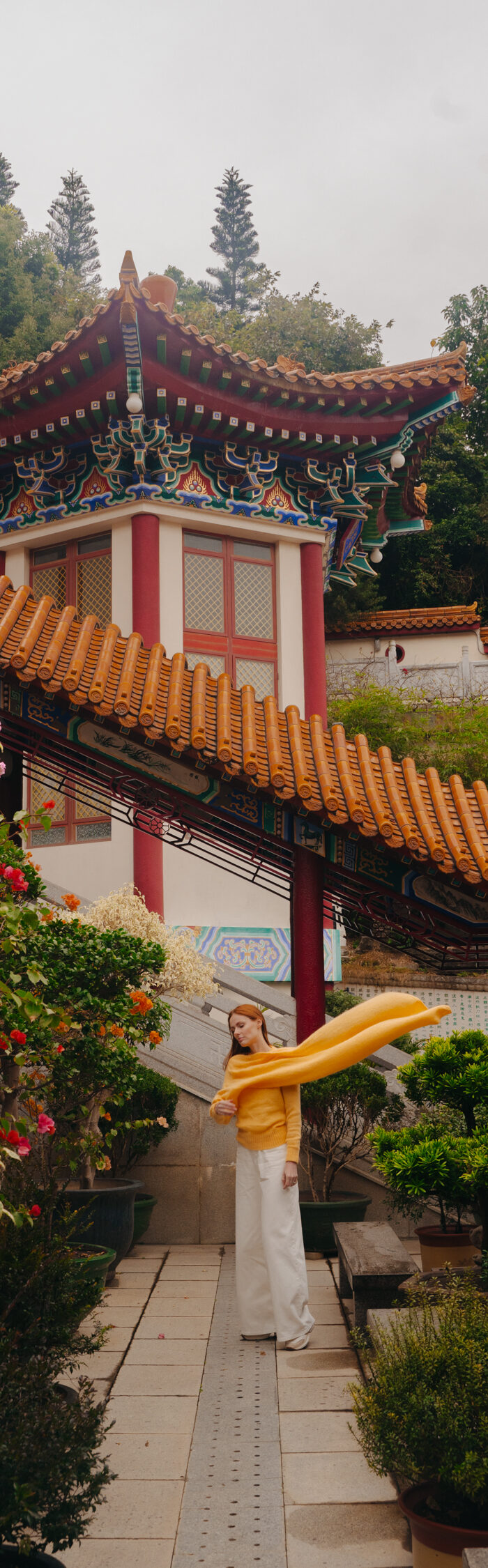 Miss USA 2011 Alyssa Campanella of The A List blog visits Western Monastery in Tseun Wan, Hong Kong wearing Rejina Pyo and The Frankie Shop.