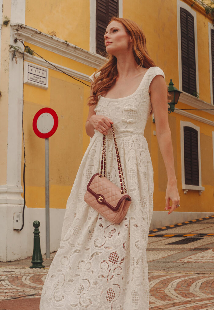 Miss USA 20111 Alyssa Campanella of the A List blog visits St. Lazarus Quarter in Macau wearing San Lee.