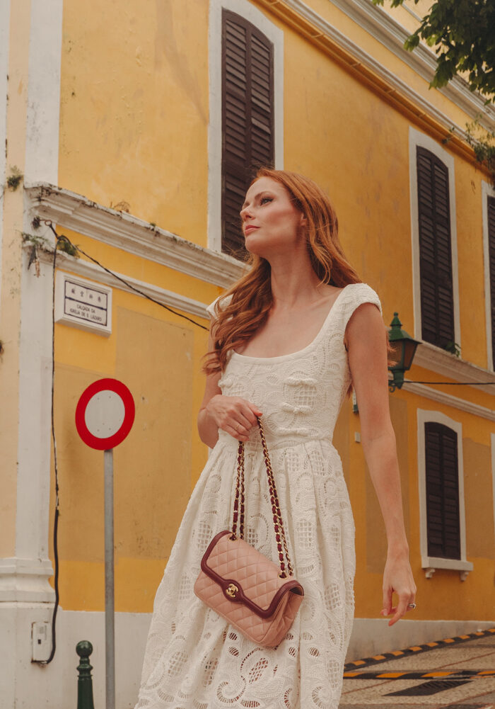 Miss USA 20111 Alyssa Campanella of the A List blog visits St. Lazarus Quarter in Macau wearing San Lee.